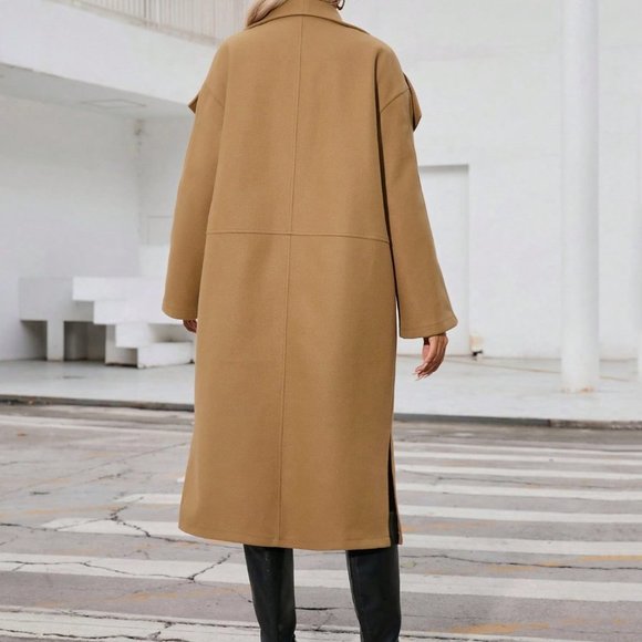 Khaki Preppy Womens Waterfall Collar Slant Pocket Overcoat - Picture 3 of 5